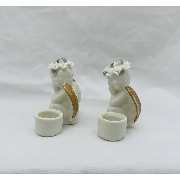 Vtg Cherub Angels 2 Candlestick Holders Ceramic Ivory Bisque 3" w/ Floral Crown - Picture 2 of 12